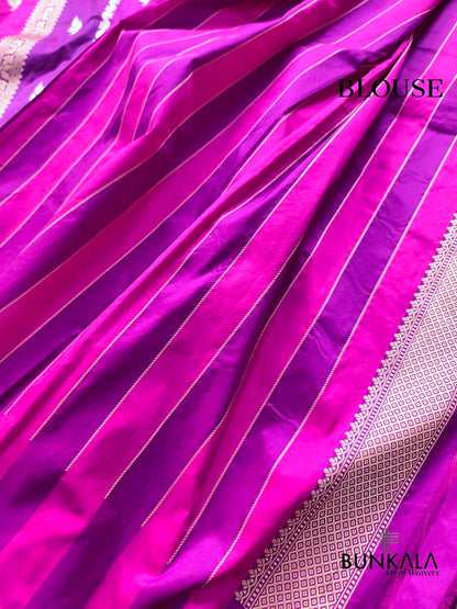 Purple & Pink Rangkat Stripe Buti Sona Rupa Kadwa Weaved Banarasi Pure Katan Silk Saree