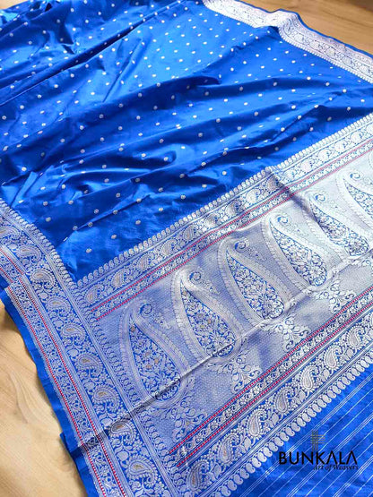 Royal Blue Silver Zari Buti Banarasi Pure Katan Silk Saree
