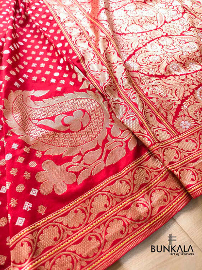 Bridal Red Heritage Design Big Koniya Buta Sona Rupa Banarasi Pure Katan Silk Saree