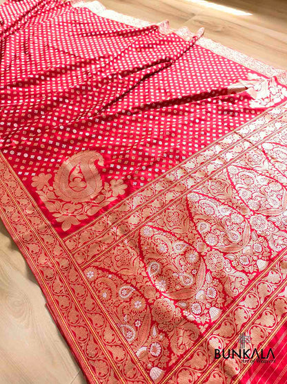 Bridal Red Heritage Design Big Koniya Buta Sona Rupa Banarasi Pure Katan Silk Saree
