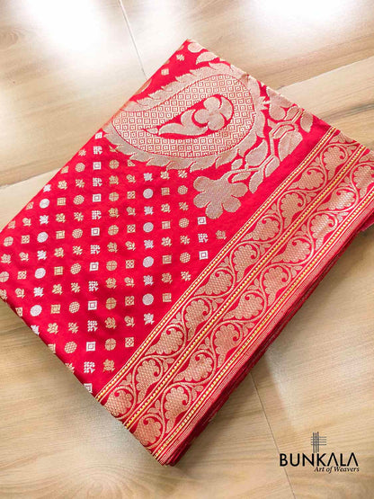 Bridal Red Heritage Design Big Koniya Buta Sona Rupa Banarasi Pure Katan Silk Saree