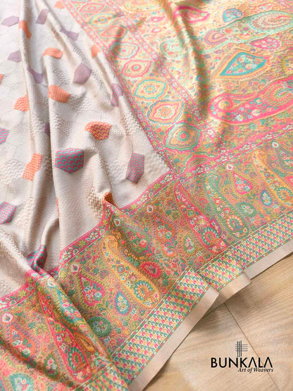 Ivory Pashmina Design Meenakari Banarasi Mashru Silk Saree