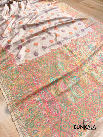 Ivory Pashmina Design Meenakari Banarasi Mashru Silk Saree