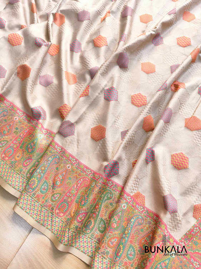Ivory Pashmina Design Meenakari Banarasi Mashru Silk Saree
