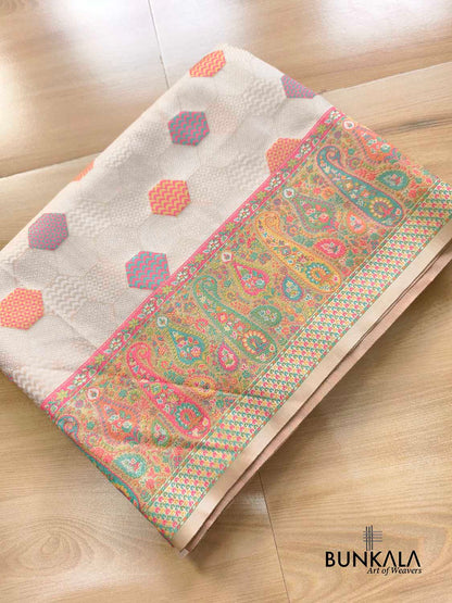 Ivory Pashmina Design Meenakari Banarasi Mashru Silk Saree