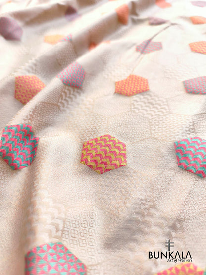 Ivory Pashmina Design Meenakari Banarasi Mashru Silk Saree