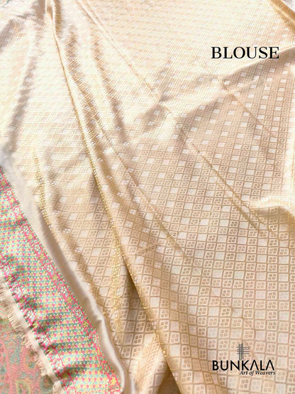 Ivory Pashmina Design Meenakari Banarasi Mashru Silk Saree