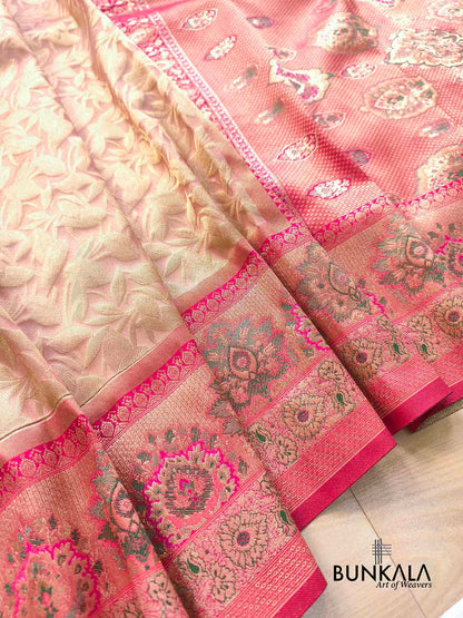 Peach Leaf Pattern Brocade Meenakari Border Banarasi Silk Saree