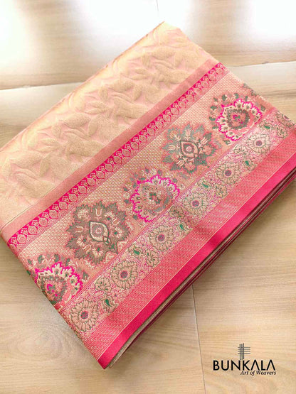 Peach Leaf Pattern Brocade Meenakari Border Banarasi Silk Saree