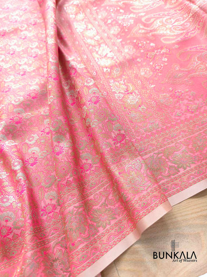 Baby Pink Jamewar Brocade Floral Banarasi Silk Saree