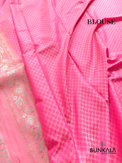 Baby Pink Jamewar Brocade Floral Banarasi Silk Saree