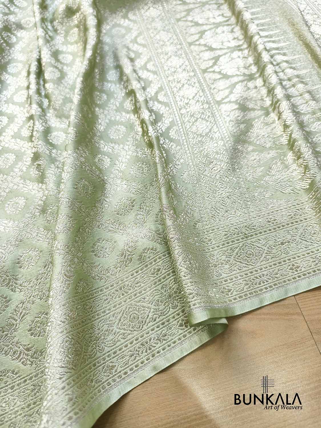 English Green Banarasi Brocade Weaved Mashru Silk Saree with Zari Jaal