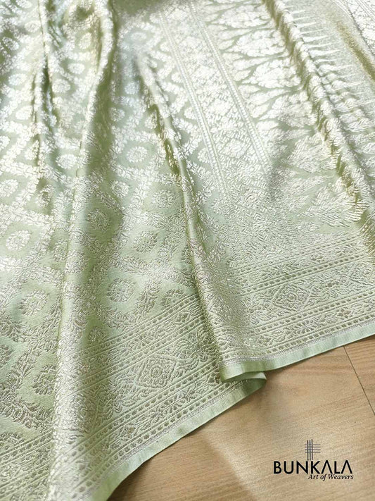 English Green Banarasi Brocade Weaved Mashru Silk Saree with Zari Jaal