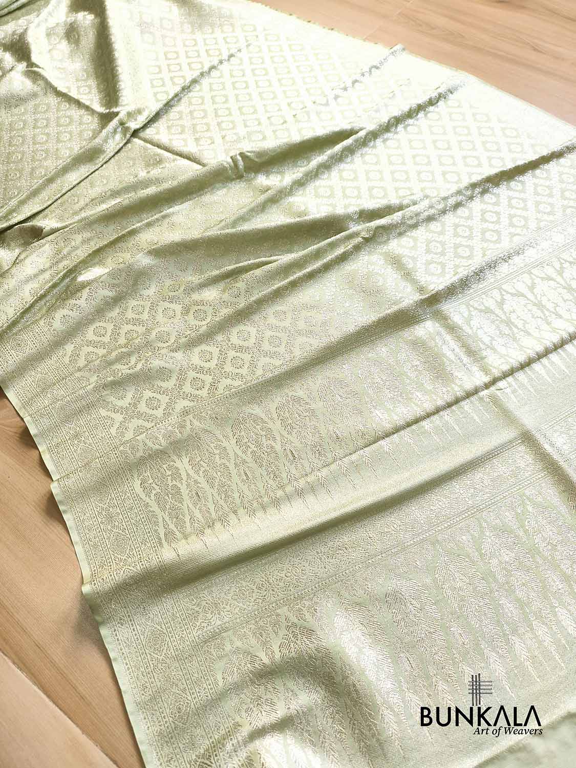 English Green Banarasi Brocade Weaved Mashru Silk Saree with Zari Jaal