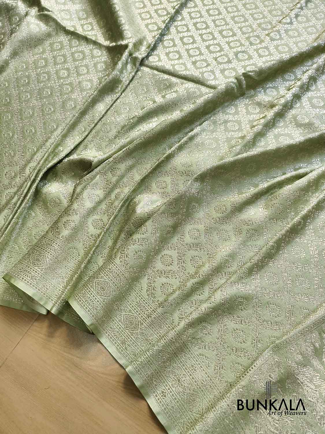 English Green Banarasi Brocade Weaved Mashru Silk Saree with Zari Jaal