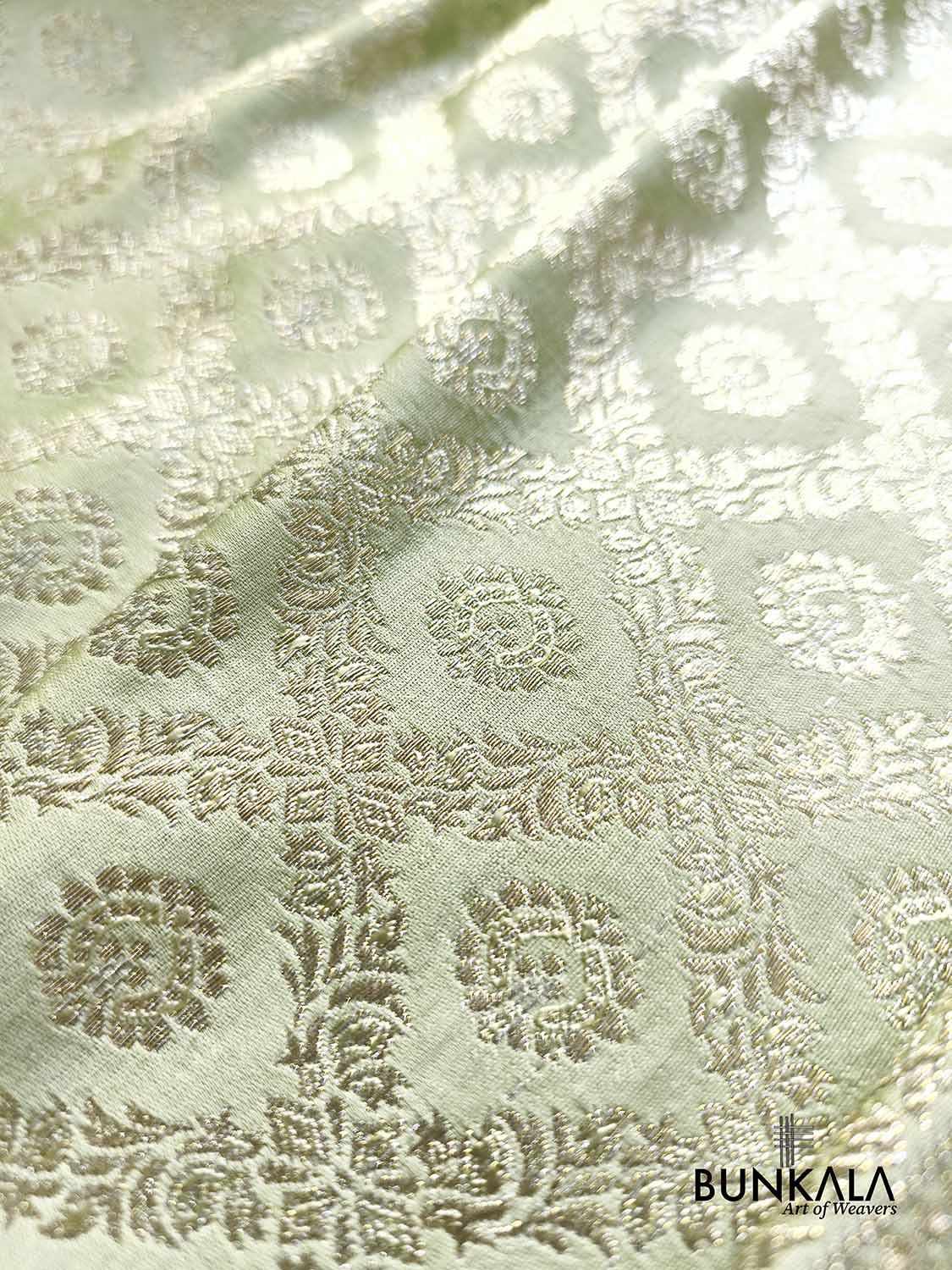 English Green Banarasi Brocade Weaved Mashru Silk Saree with Zari Jaal