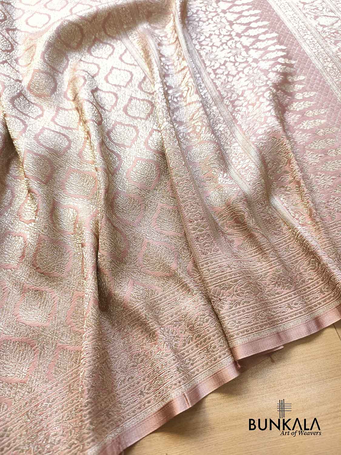 Customized for Lovers - Rose Nude Pink Banarasi Brocade Weaved Mashru Silk Saree with Geometric Jaal