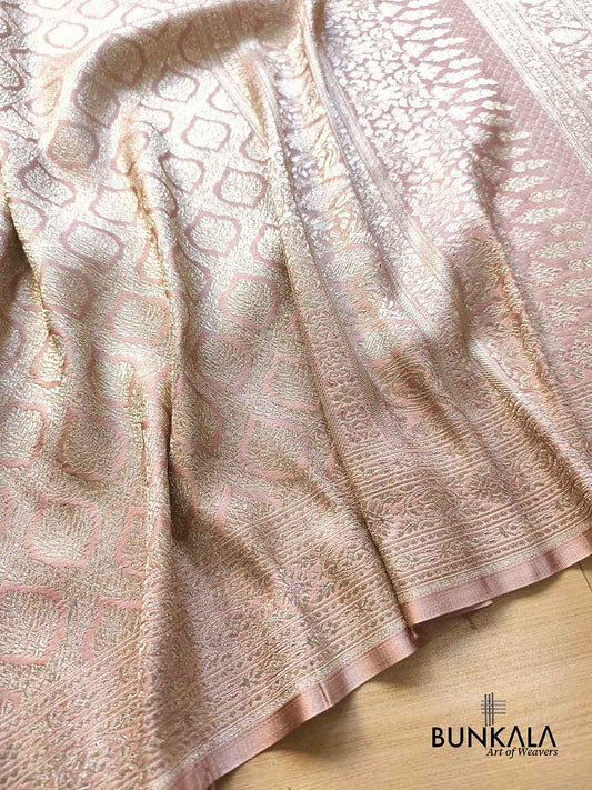 Customized for Lovers - Rose Nude Pink Banarasi Brocade Weaved Mashru Silk Saree with Geometric Jaal