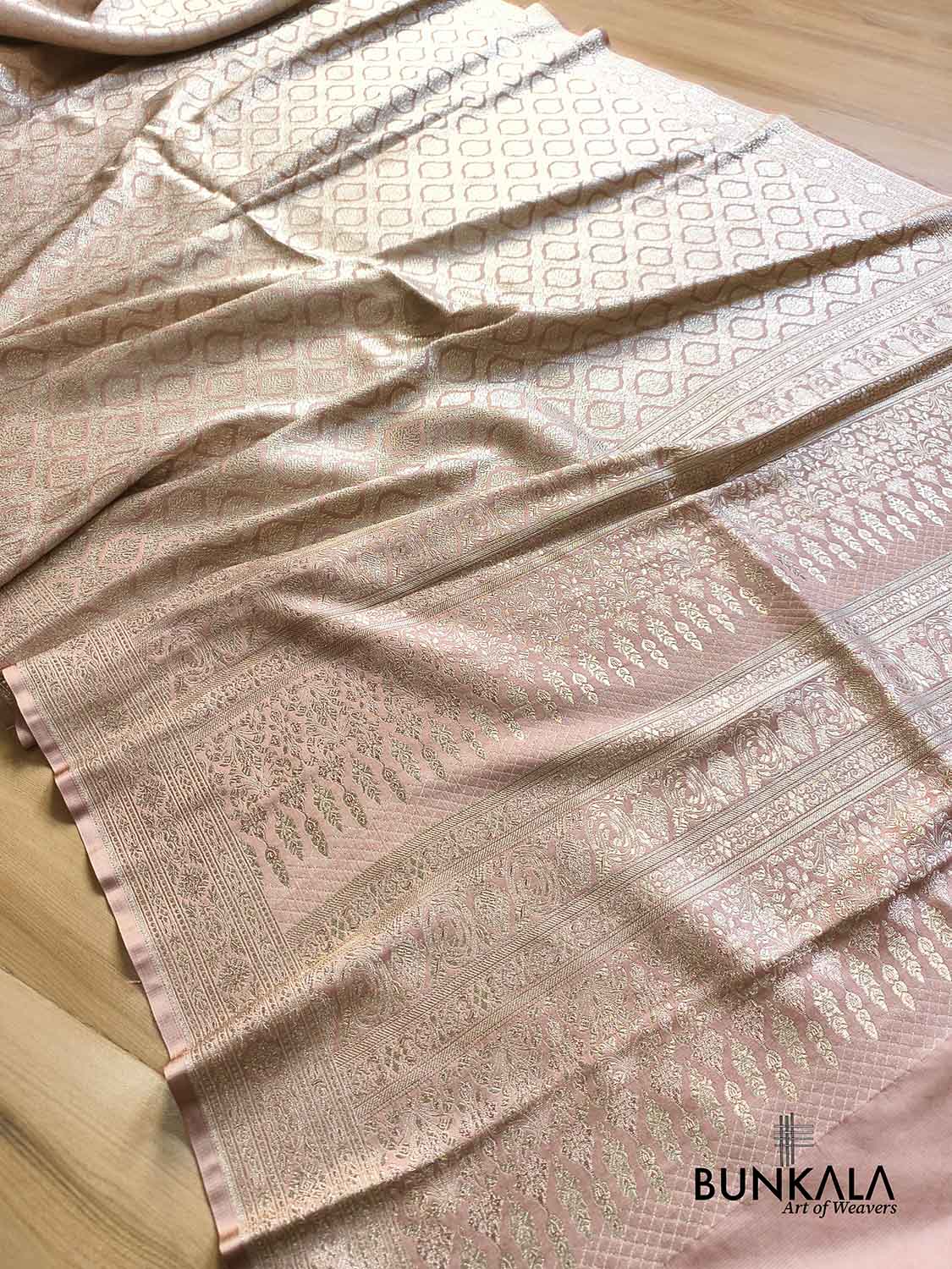 Customized for Lovers - Rose Nude Pink Banarasi Brocade Weaved Mashru Silk Saree with Geometric Jaal
