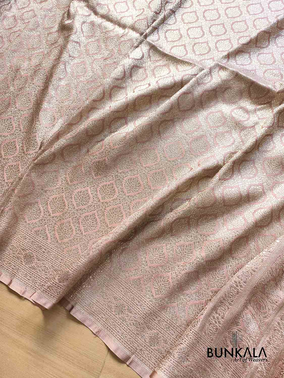 Customized for Lovers - Rose Nude Pink Banarasi Brocade Weaved Mashru Silk Saree with Geometric Jaal