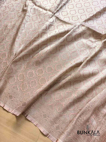Customized for Lovers - Rose Nude Pink Banarasi Brocade Weaved Mashru Silk Saree with Geometric Jaal