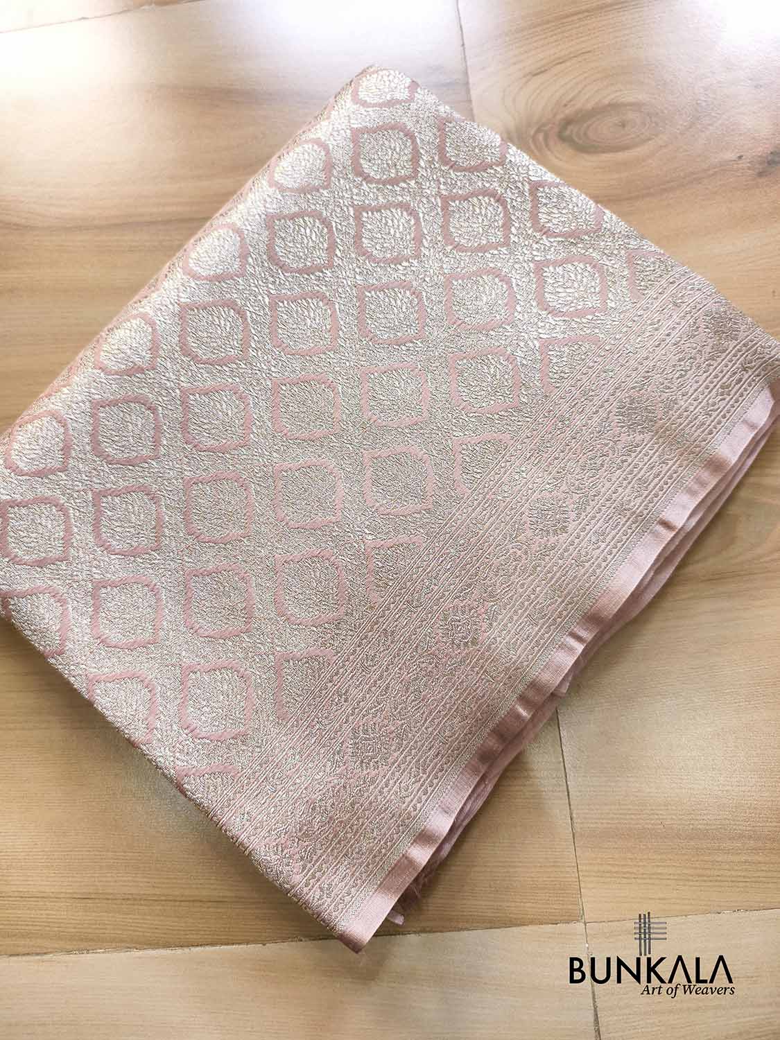 Customized for Lovers - Rose Nude Pink Banarasi Brocade Weaved Mashru Silk Saree with Geometric Jaal