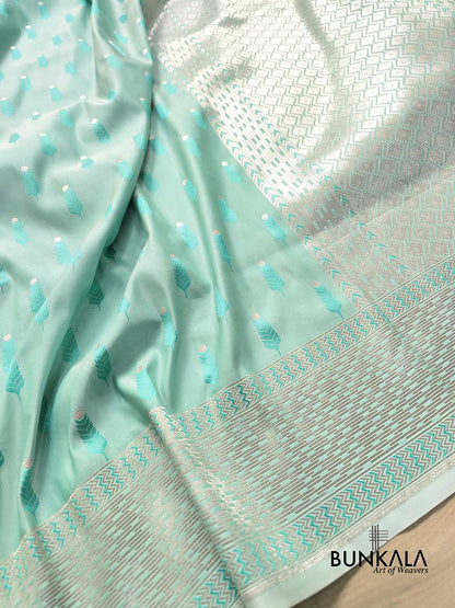 Sea Blue Mashru Silk Jamewar Leaf Buti Design Weaved Banarasi Saree