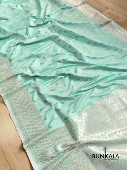 Sea Blue Mashru Silk Jamewar Leaf Buti Design Weaved Banarasi Saree