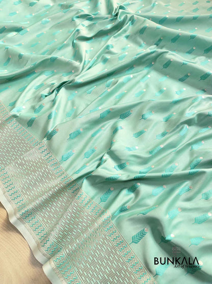 Sea Blue Mashru Silk Jamewar Leaf Buti Design Weaved Banarasi Saree