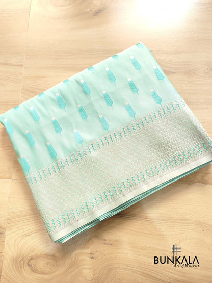 Sea Blue Mashru Silk Jamewar Leaf Buti Design Weaved Banarasi Saree