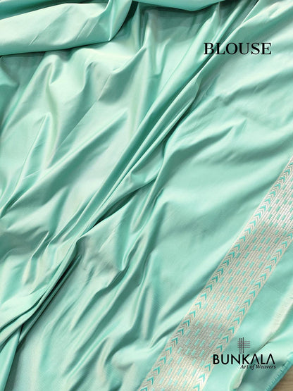 Sea Blue Mashru Silk Jamewar Leaf Buti Design Weaved Banarasi Saree