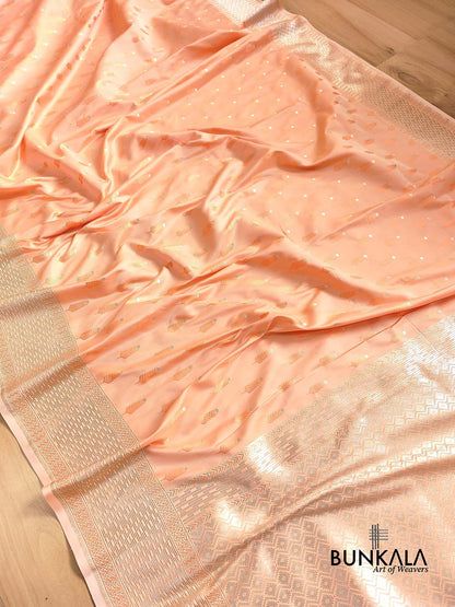 Peach Mashru Silk Jamewar Leaf Buti Design Weaved Banarasi Saree