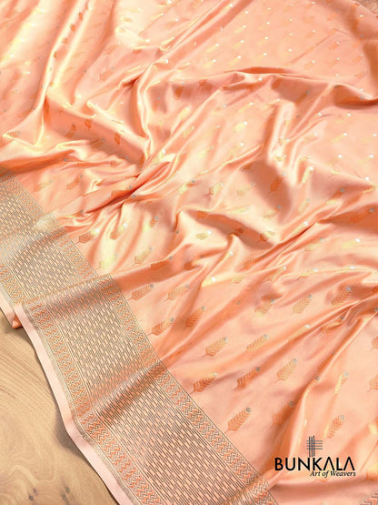 Peach Mashru Silk Jamewar Leaf Buti Design Weaved Banarasi Saree