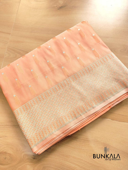 Peach Mashru Silk Jamewar Leaf Buti Design Weaved Banarasi Saree