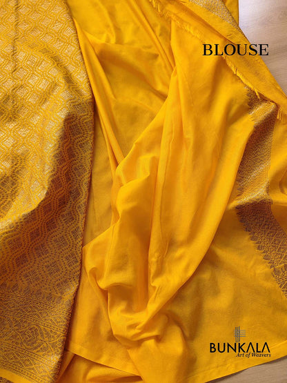 Vibrant Yellow Resham Silk Brocade Antique Zari Weaved Banarasi Saree