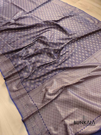 Midnight Sky Blue Resham Silk Brocade Antique Zari Weaved Banarasi Saree