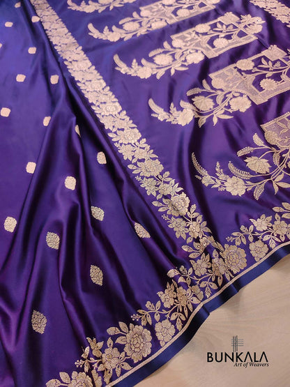 Purple Buti Weaved Banarasi Mashru Silk Floral Border Saree
