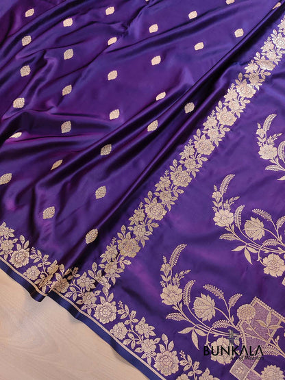 Purple Buti Weaved Banarasi Mashru Silk Floral Border Saree