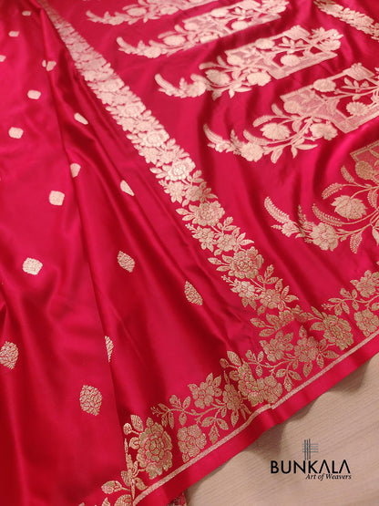 Red Buti Weaved Banarasi Mashru Silk Floral Border Saree