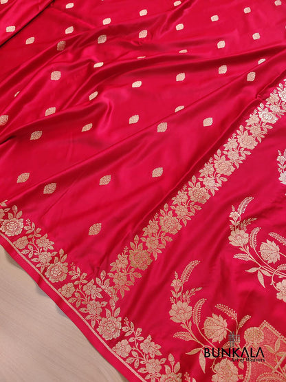 Red Buti Weaved Banarasi Mashru Silk Floral Border Saree