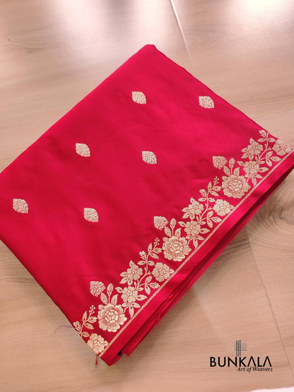 Red Buti Weaved Banarasi Mashru Silk Floral Border Saree