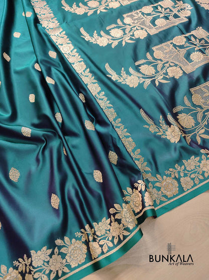 Teal Blue Buti Weaved Banarasi Mashru Silk Floral Border Saree