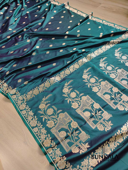 Teal Blue Buti Weaved Banarasi Mashru Silk Floral Border Saree