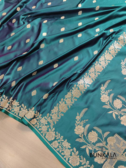 Teal Blue Buti Weaved Banarasi Mashru Silk Floral Border Saree