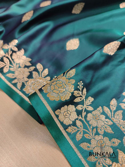 Teal Blue Buti Weaved Banarasi Mashru Silk Floral Border Saree