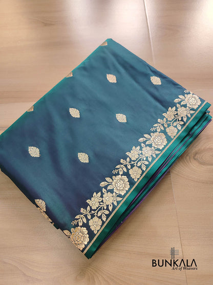 Teal Blue Buti Weaved Banarasi Mashru Silk Floral Border Saree