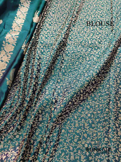 Teal Blue Buti Weaved Banarasi Mashru Silk Floral Border Saree