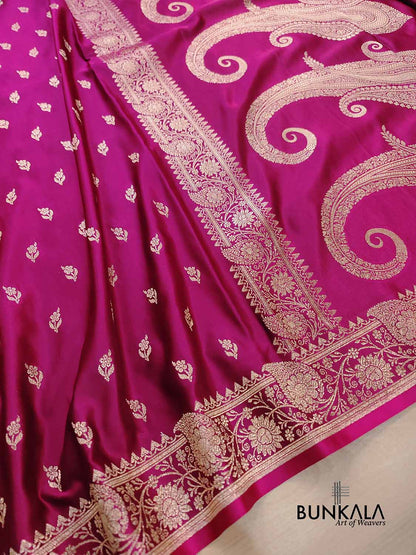 Magenta Pink Buti Weaved Banarasi Mashru Silk Floral Border Saree