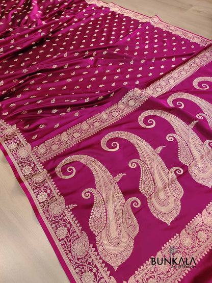 Magenta Pink Buti Weaved Banarasi Mashru Silk Floral Border Saree