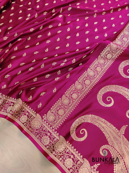 Magenta Pink Buti Weaved Banarasi Mashru Silk Floral Border Saree